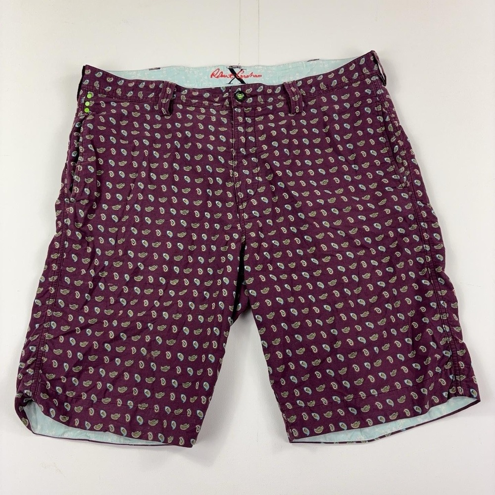 Robert Graham Shorts Mens 38 Purple Paisley Print Cotton Chino 11 Inseam Casual